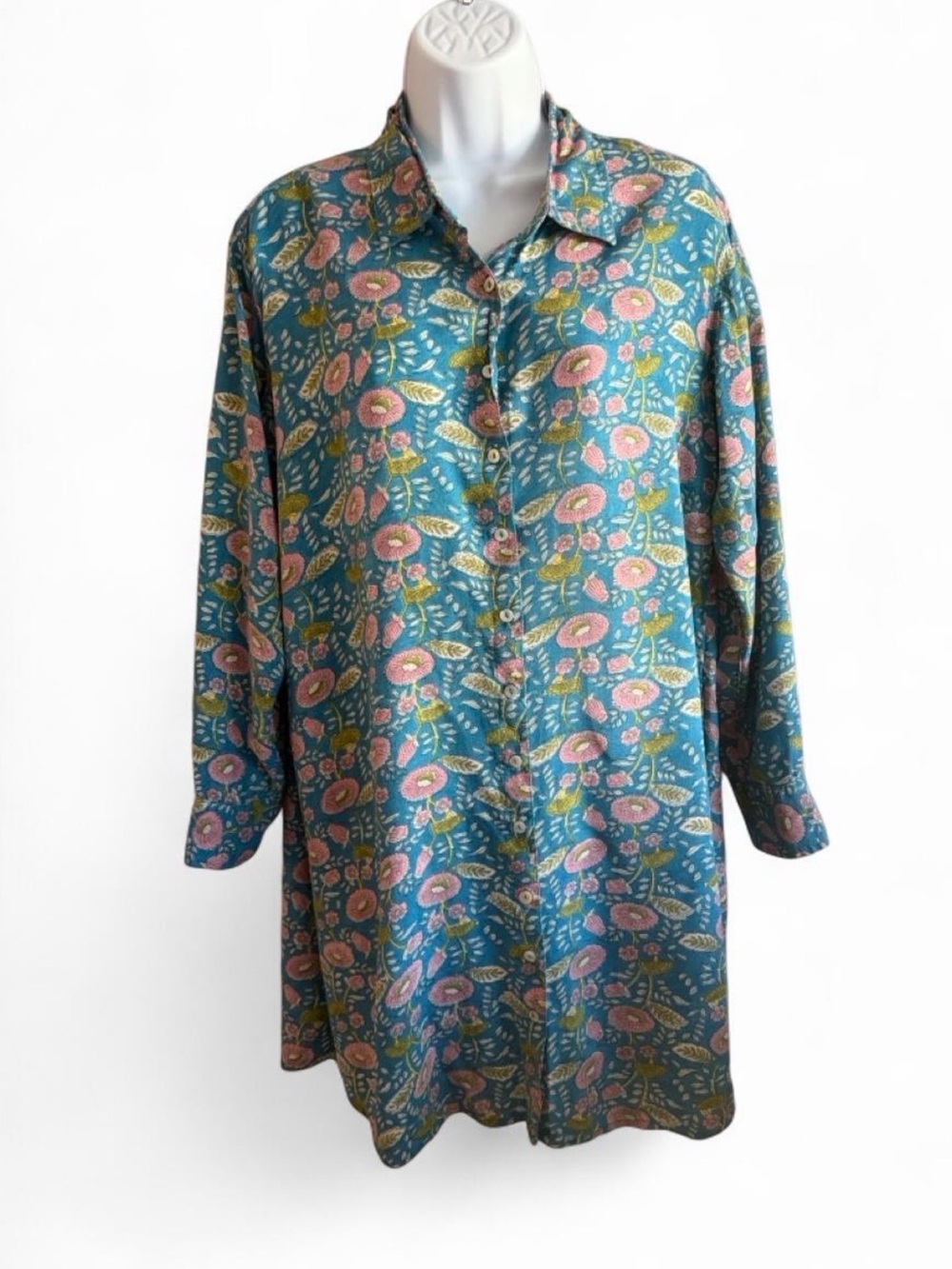 NATURAL LIFE Teal Floral Button-Down dress with Pink & Green Accents